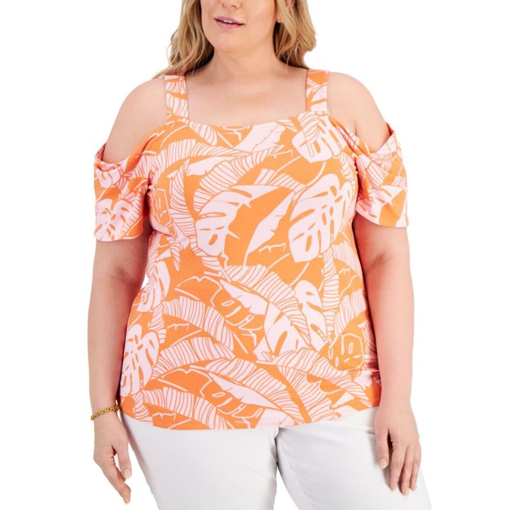 JM Collection Plus Size Printed Cold Shoulder Top